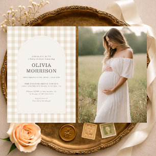 Gingham Beige Gender Neutral Photo Baby Shower Invitation