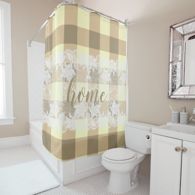 Gingham beige pattern white lace home script (In Situ)