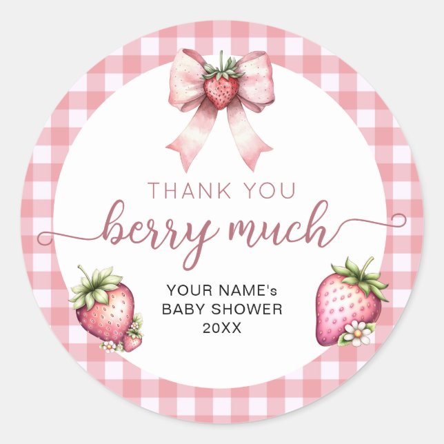 Gingham berry sweet baby shower  classic round sticker (Front)