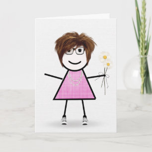 Gingham Birthday Stick Girl With Daisies Card