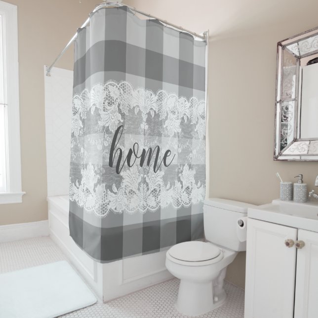 Gingham black white pattern white lace home script (In Situ)
