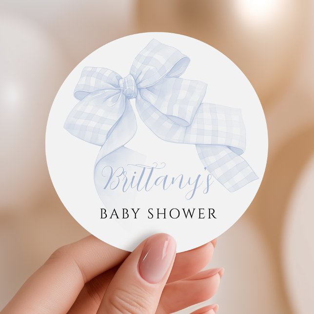Gingham Blue Bow Baby Shower Stickers (Créateur téléchargé)