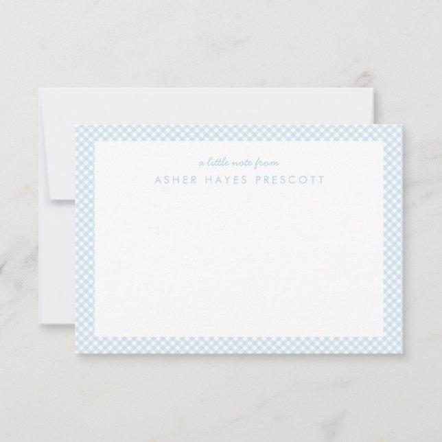 Gingham blue personalized children's stationery (Front)