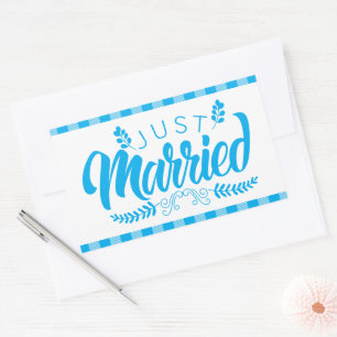 Gingham Blue Plaid Country Just Married Wedding Sticker