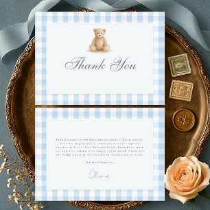 Gingham Blue Teddy Bear Boy Baby Shower Thank You Card