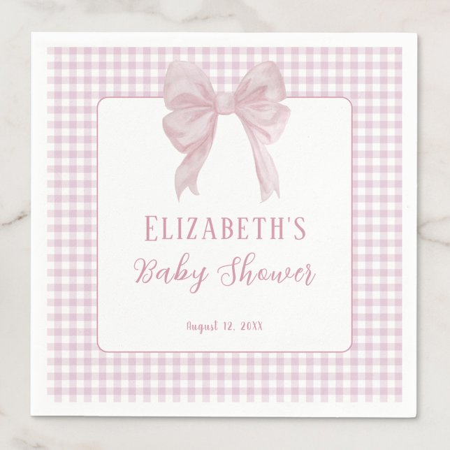 Gingham Blush Pink Bow Baby Shower Napkins (Creator Uploaded)