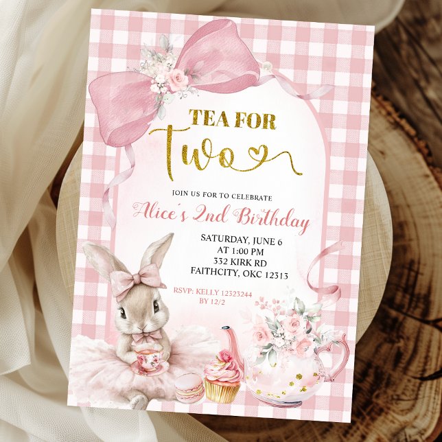 Gingham Blush Pink Floral Bow Bunny Tea Party Invitation (Creator Uploaded)