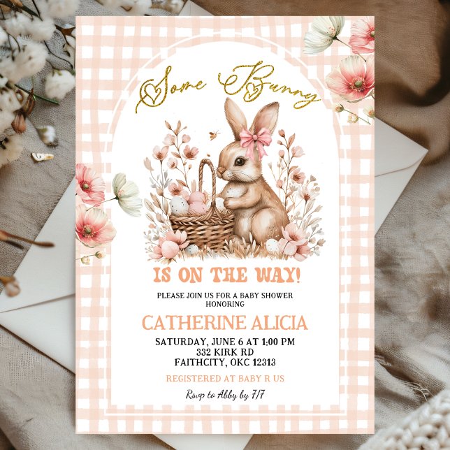 Gingham Boho Floral Easter Bunny Baby Shower Invitation (Creator Uploaded)