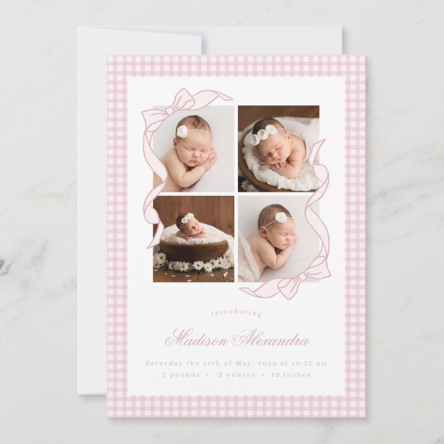 Gingham Bow 4 Frame Photo Birth Announcement (Front)