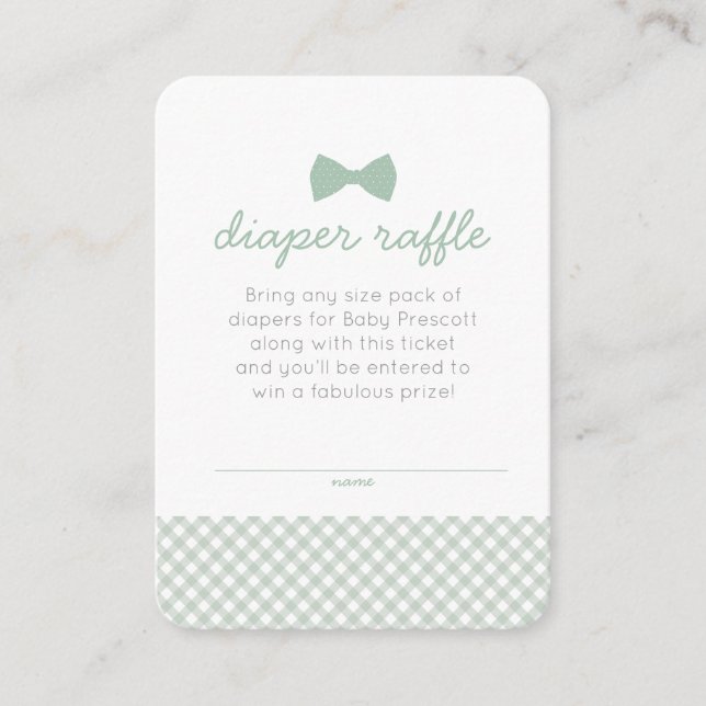 Gingham bow tie baby shower green diaper raffle enclosure card (Front)