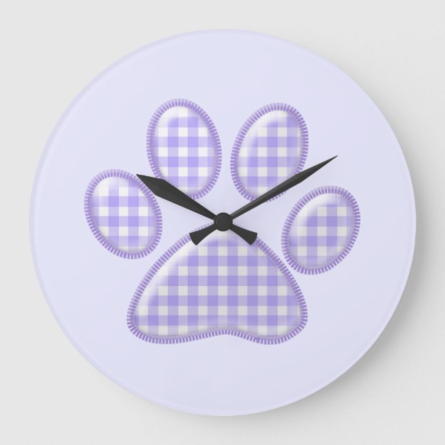 gingham cat paw - purple large clock (Front)