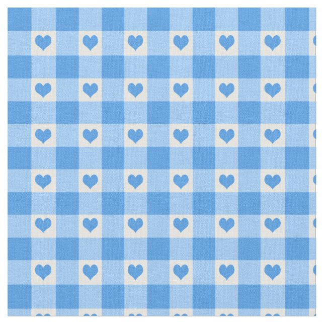 Gingham Check And Hearts Pattern | Blue Fabric (Close Up)