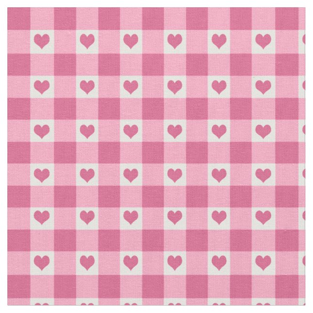 Gingham Check And Hearts Pattern | Pink Fabric (Close Up)