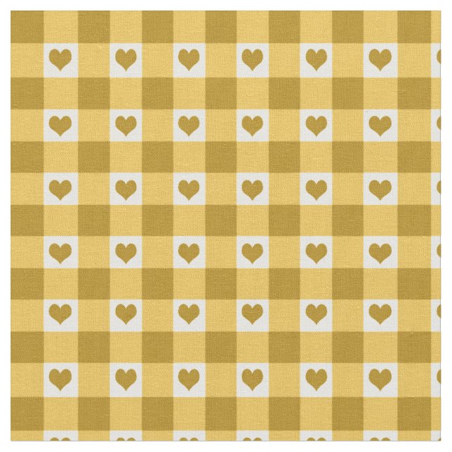 Gingham Check And Hearts Pattern | Yellow Fabric (Close Up)