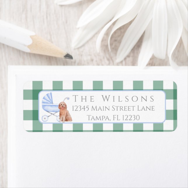 Gingham Check Dog Boy Baby Shower Return Address (Insitu)