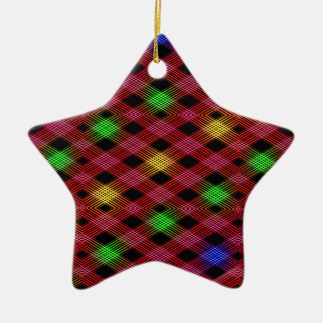 Gingham Check Multicolored Pattern Ceramic Ornament (Front)