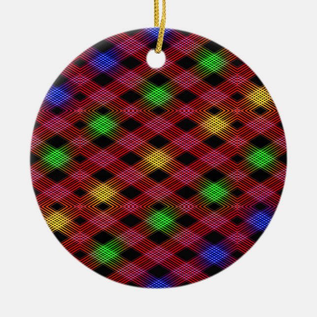 Gingham Check Multicolored Pattern Ceramic Ornament (Front)