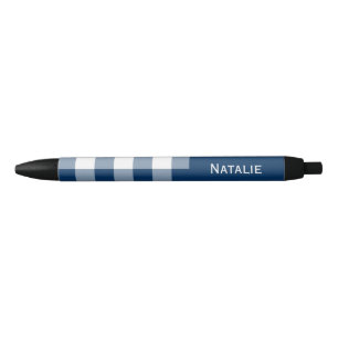 Gingham Check Navy Blue Custom Name Black Ink Pen
