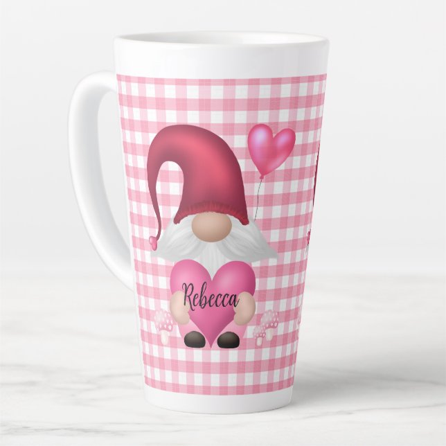 Gingham Check Pattern Personalized Gnome Mug (Left Angle)