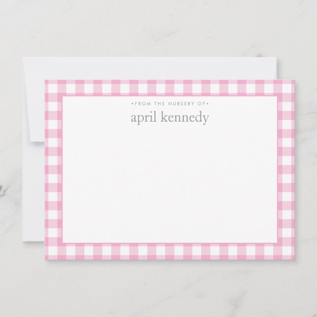 Gingham Check Personalized Light Pink Flat  Card (Front)