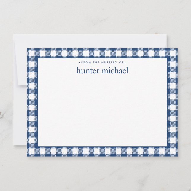Gingham Check Personalized Navy Blue Flat  Card (Front)
