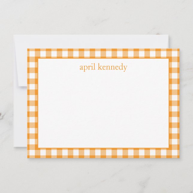 Gingham Check Personalized Orange Flat  Card (Front)