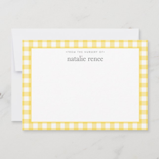 Gingham Check Personalized Yellow Flat  Card (Front)