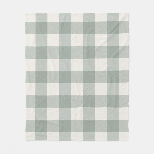 Gingham checks plaid light sage green fleece blanket (Front)