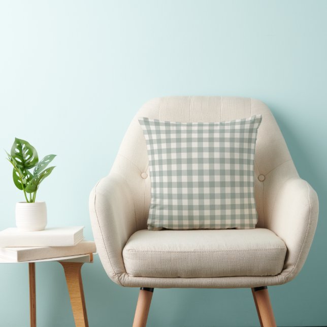 Gingham checks plaid light sage green throw pillow (Chair)