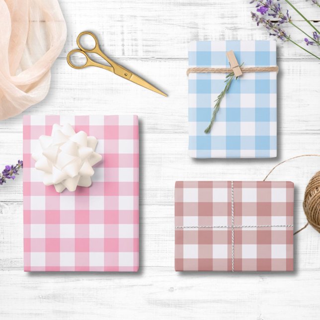 Gingham Chequered Patten Pink, Light Blue, Mauve Wrapping Paper Sheet (In situ)
