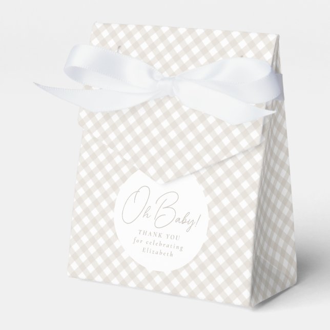 Gingham classic simple neutral beige baby shower favor box (Front Side)