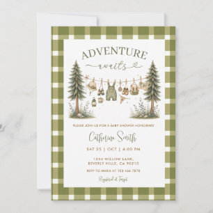 Gingham Clothesline Adventure Awaits Baby Shower Invitation