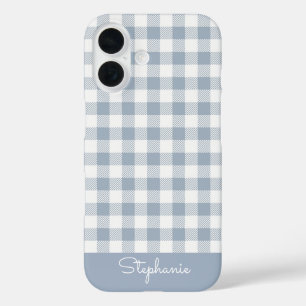 Gingham Coastal Plaid Preppy Check Blue White Name iPhone 16 Case