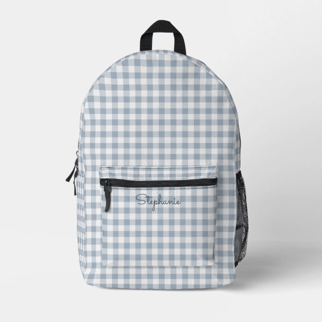 Gingham Coastal Plaid Preppy Check Blue White Name Printed Backpack (Front)