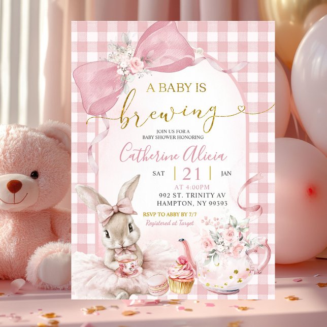 Gingham Coquette Pink Floral Bunny Baby Shower Invitation (Creator Uploaded)
