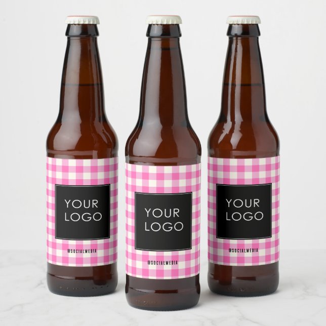 Gingham Corporate Company Business Logo Pink Beer Bottle Label (Bottles)