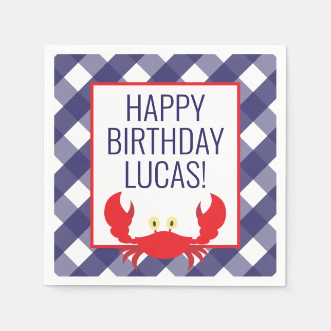 Gingham Crab Personalized Party Napkins (Front)