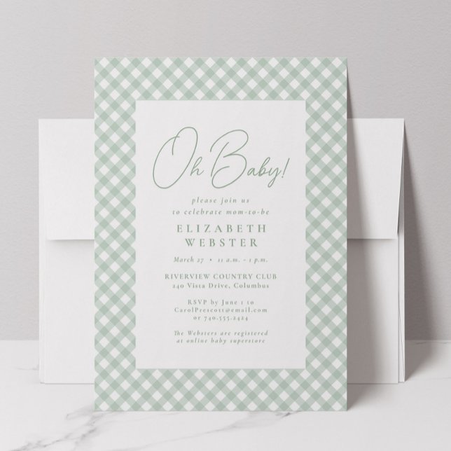 Gingham cute neutral green baby shower invitation (Creator Uploaded)
