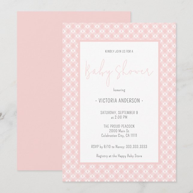 Gingham Cute Pastel Pink Girl Baby Shower  Invitation (Front/Back)