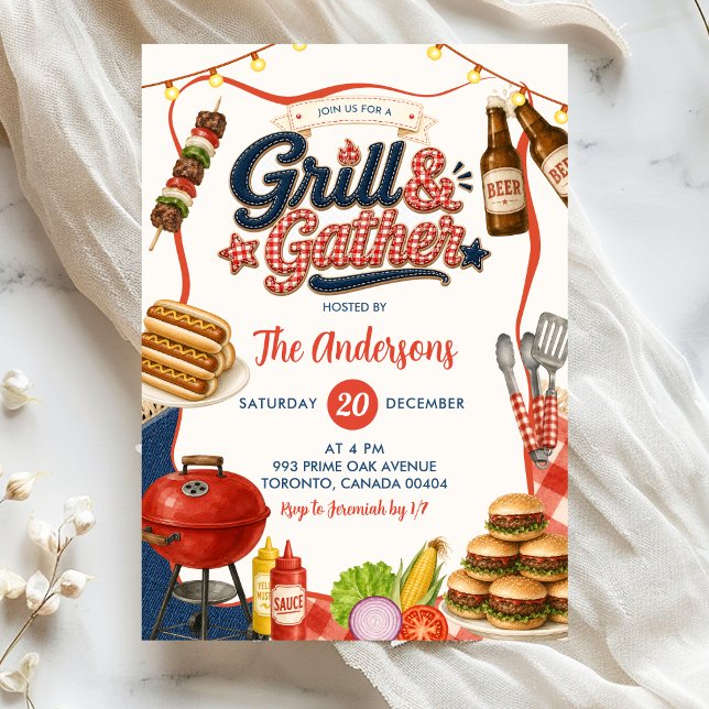 Gingham Denim Grill & Gather BBQ Party Invitation (Creator Uploaded)