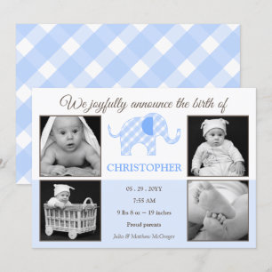 Gingham Elephant Baby Boy Photo Birth Announcement