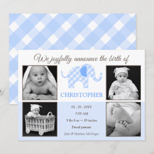 Gingham Elephant Baby Boy Photo Birth Announcement
