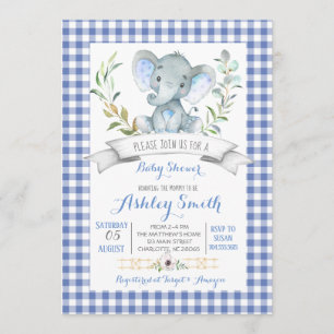 Gingham elephant baby shower invitation