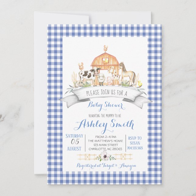 Gingham farm baby shower invitation (Front)