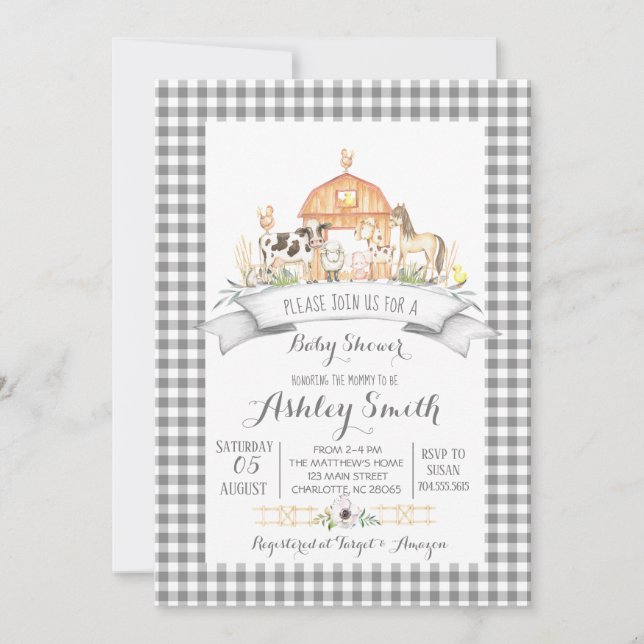 Gingham farm baby shower invitation (Front)
