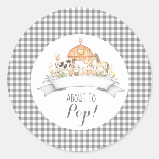 Gingham farm baby shower invitation About to pop C Classic Round Sticker (Front)