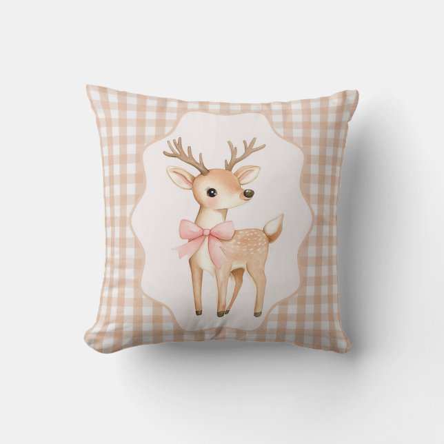 Gingham Fawn Holiday Throw Pillow (Front)