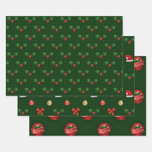 Gingham Feliz Navidad Holly Berries Wrapping Paper Sheet (Set)