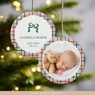 Gingham First Christmas Birth Stats Baby Photo Ceramic Ornament