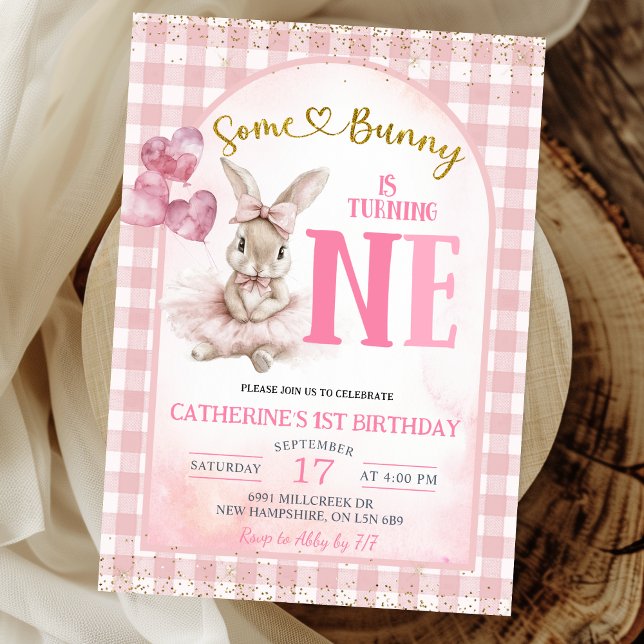 Gingham Floral Ballerina Bunny First Birthday Invitation (Creator Uploaded)